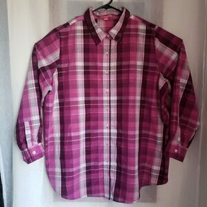 Woman Within Button Up Shirt 1X Plaid Classic Collar Hemline Styling Purple Pink